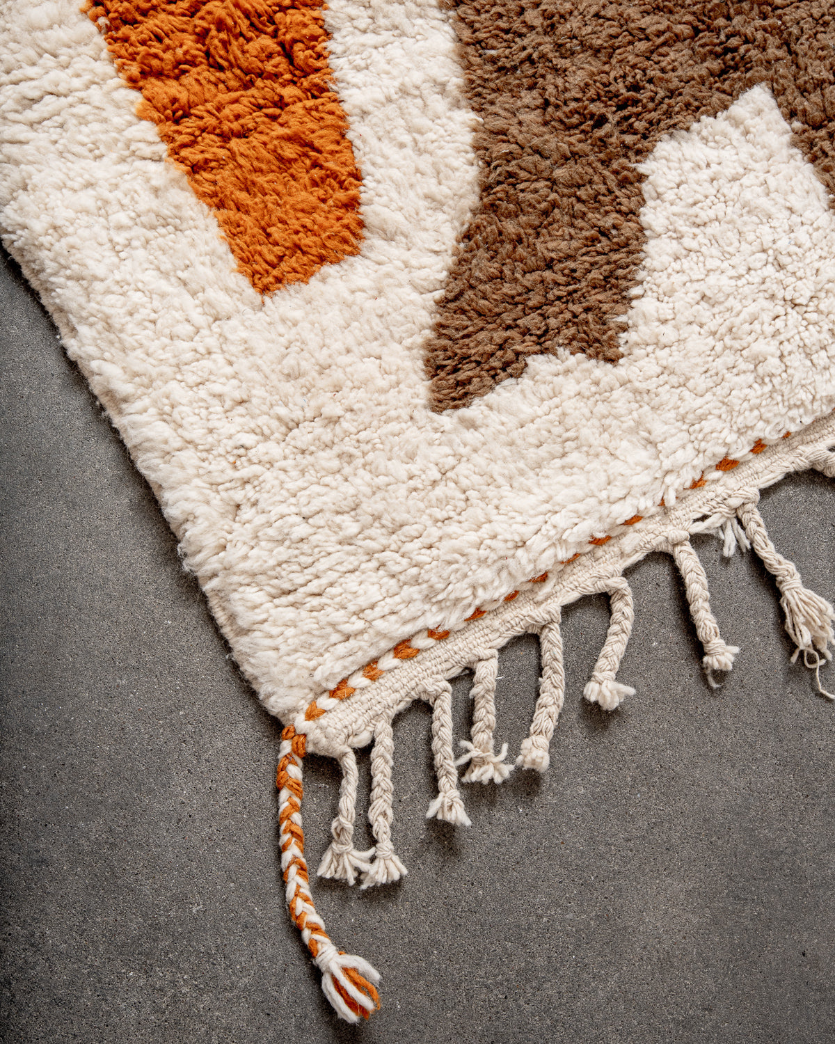 Modern, designer, handcrafted Berber rug from Morocco. Beniourain carpet with beautiful colours and patterns and fluffy wool texture.